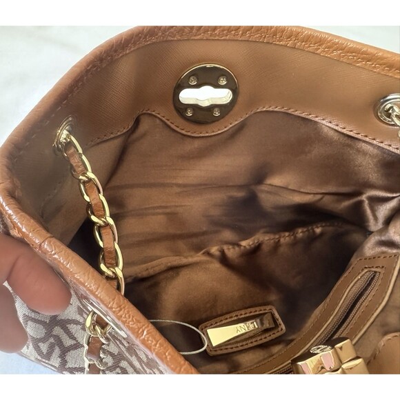 DKNY Brown Monogram Jacquard Logo Chain Strap Small Crossbody Shoulder Bag - Picture 8 of 16